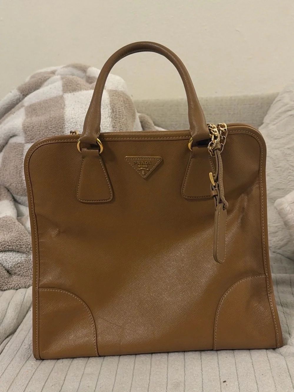 Prada Tan Leather Tote with Gold Chain Strap